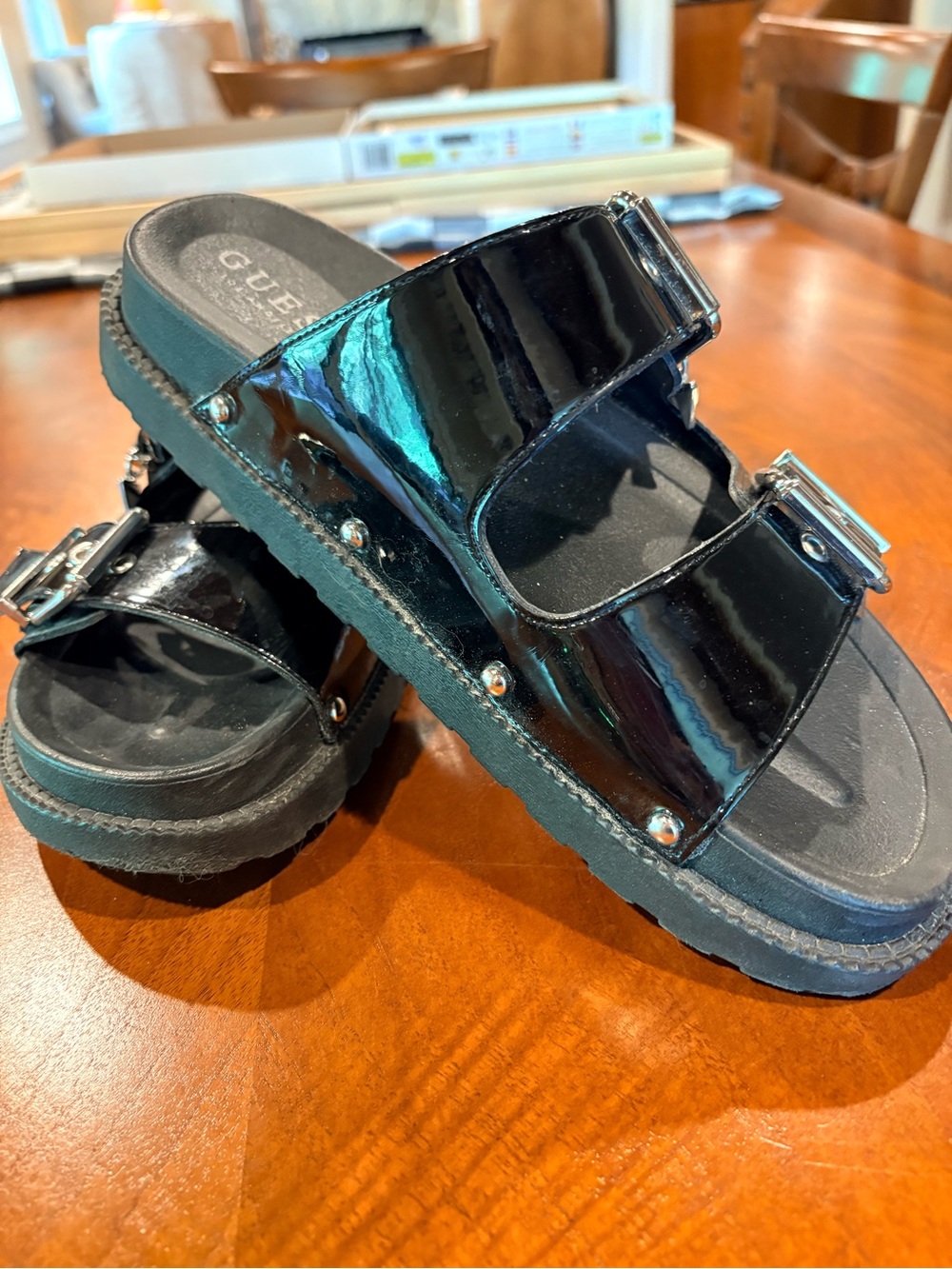 Guess,  Black Patent Slide Sandals with Buckle Straps, size 7.5